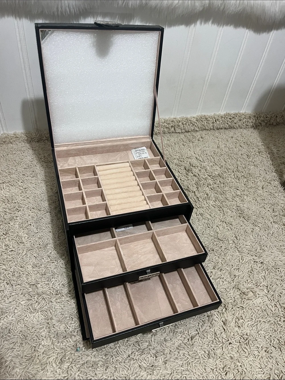 Black Jewelry Organizer Box with Beige Velvet Interior